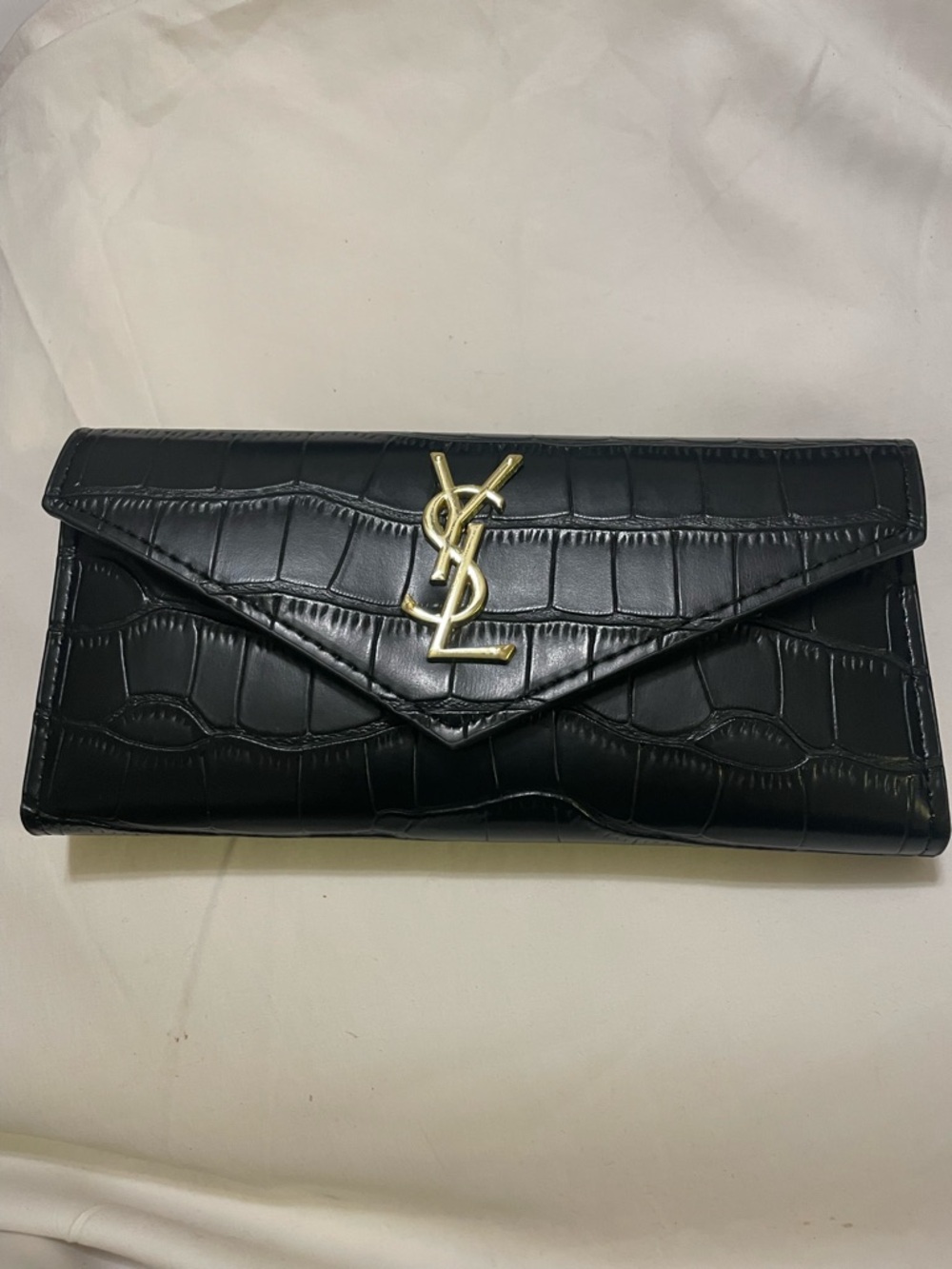 Yves Saint Laurent Black Croc-Embossed Envelope Wallet with Gold YSL Emblem - Picture 2 of 8